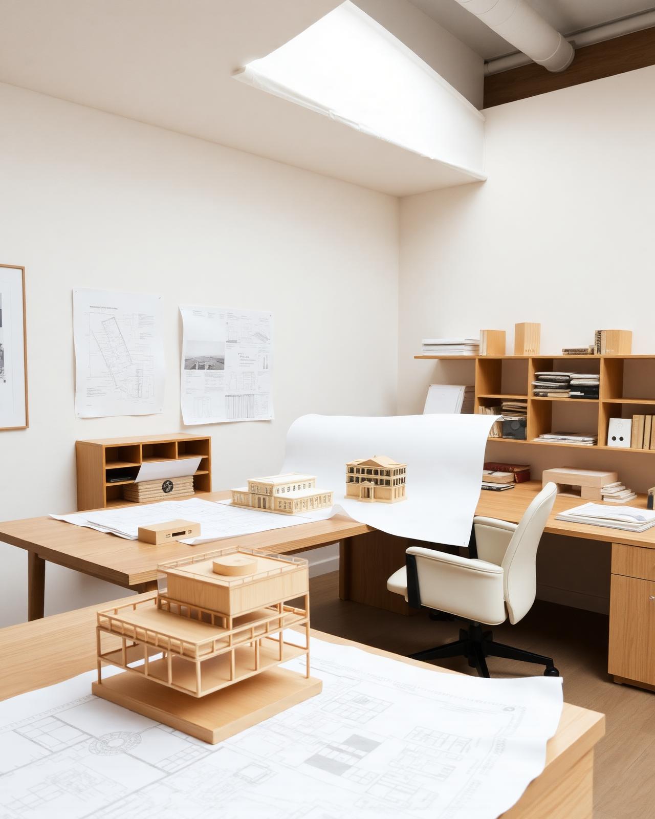 Architectural studio with models and drawings